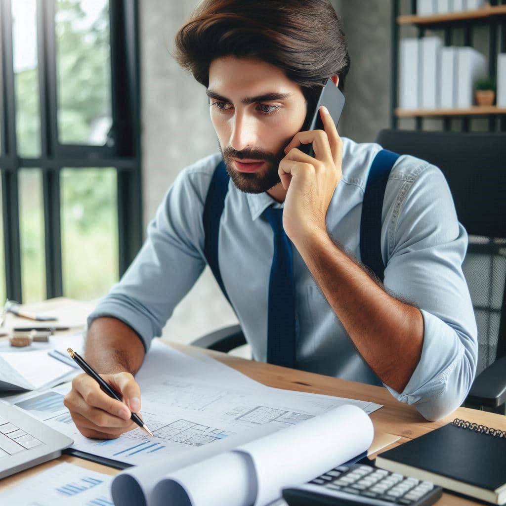 An engineer in a tie works at a desk with a laptop and papers, discussing design concepts on the phone, showcasing collaboration.